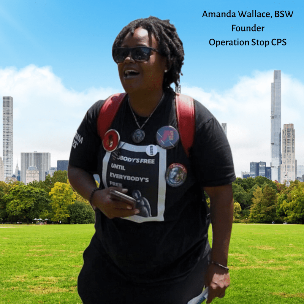 This image shows Amanda Wallace at a protest in a park. She is a Black woman with mid-length dreads, a black t-shirt, red backpack, and has multiple buttons on her shirt.